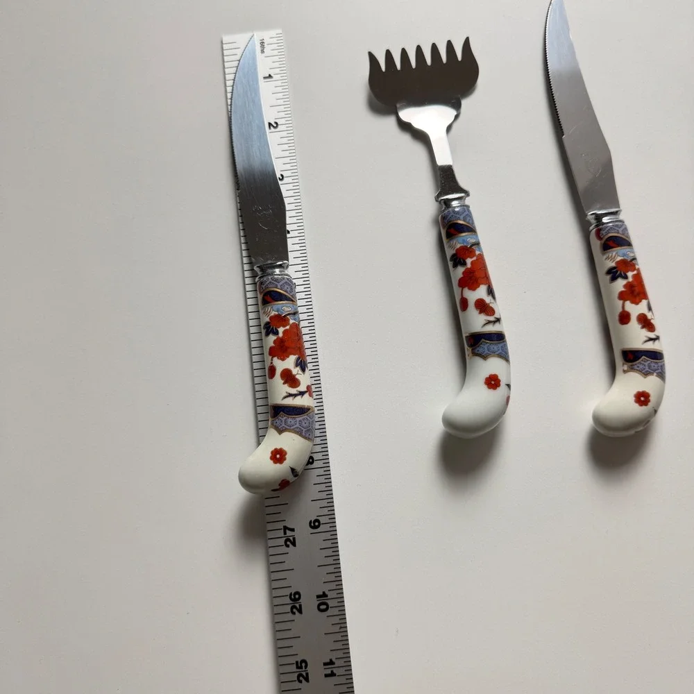 Prill Sheffield England Porcelain Handle‎ Knife Set Floral Cheese Fork 3pc